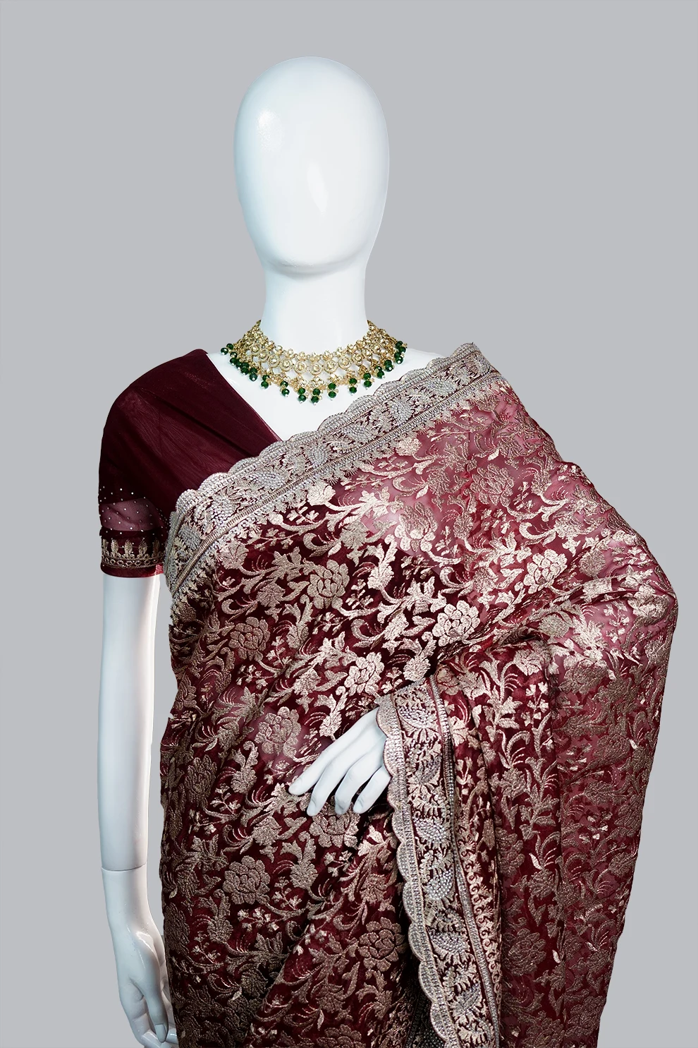 Maroon Soft Seemari Muslin Saree with Siroski Stone & Benaroshi Motif Jari Embroidery Work